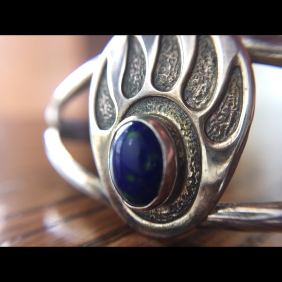 Vintage Sterling Silver Navajo Azurite Bear Paw Cuff Bracelet - Picture 16 of 16